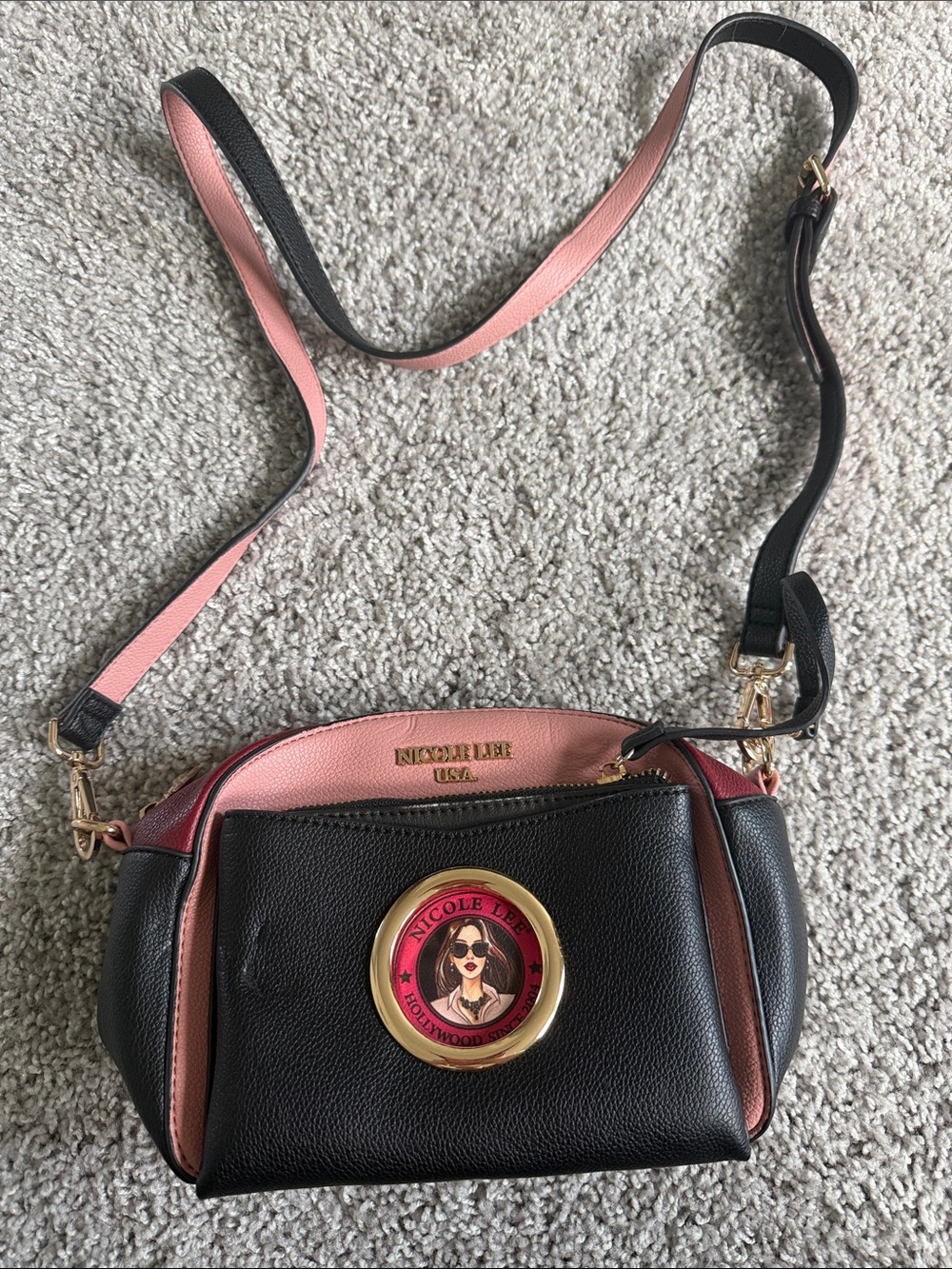 Nicole Lee Black, Pink & Burgundy Crossbody Bag